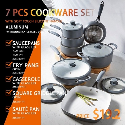 7-delige aluminium pannenset, keramische coating, koekenpan en soeppansets met anti-aanbaklaag